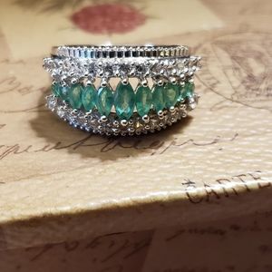 Genuine Emeralds & white sapphires ring 925 size 7.